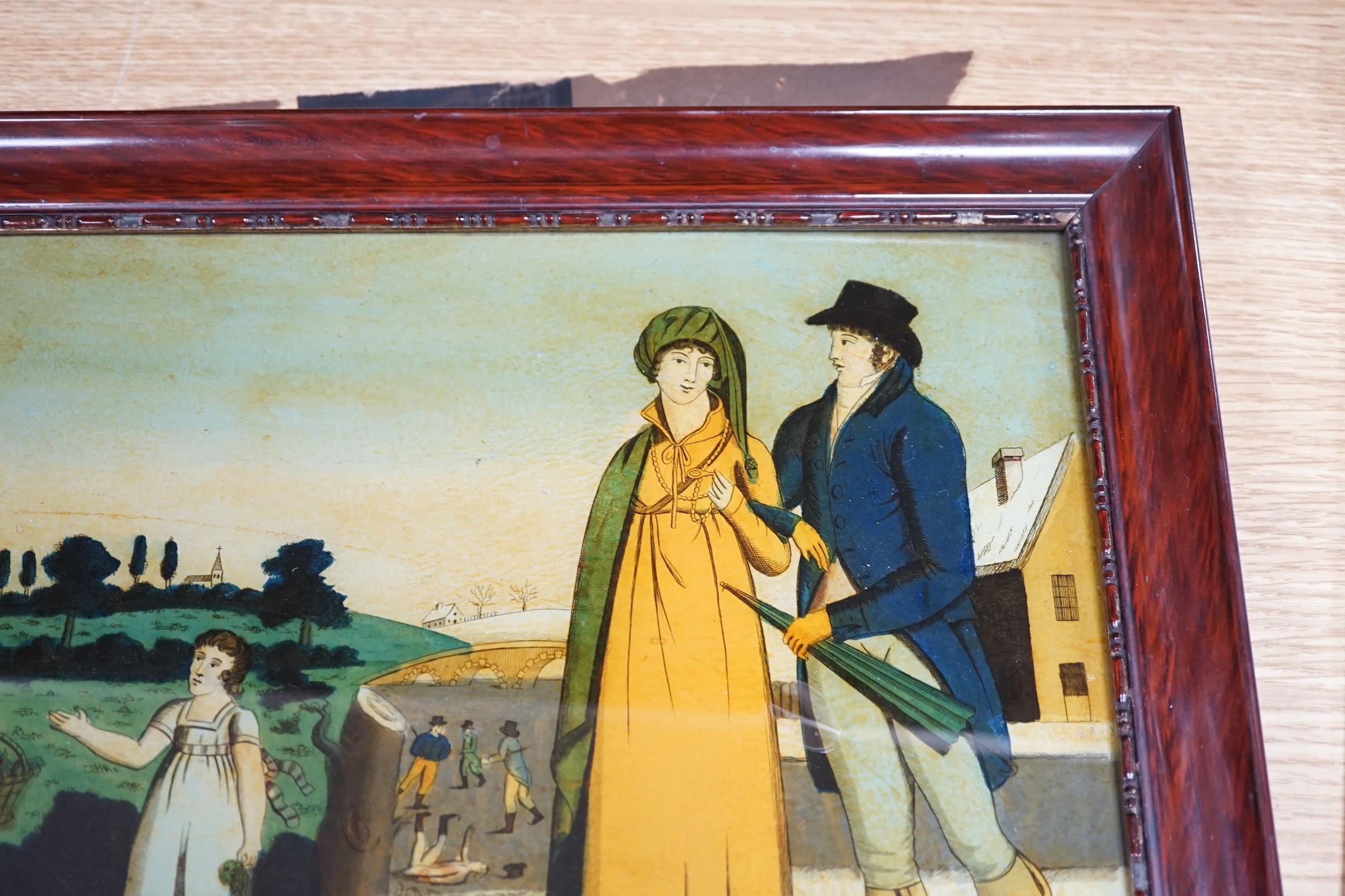 A Georgian style reverse painting on glass, painted by D Gerolimo depicting ‘Autumn and Winter’, 25 x 36cm